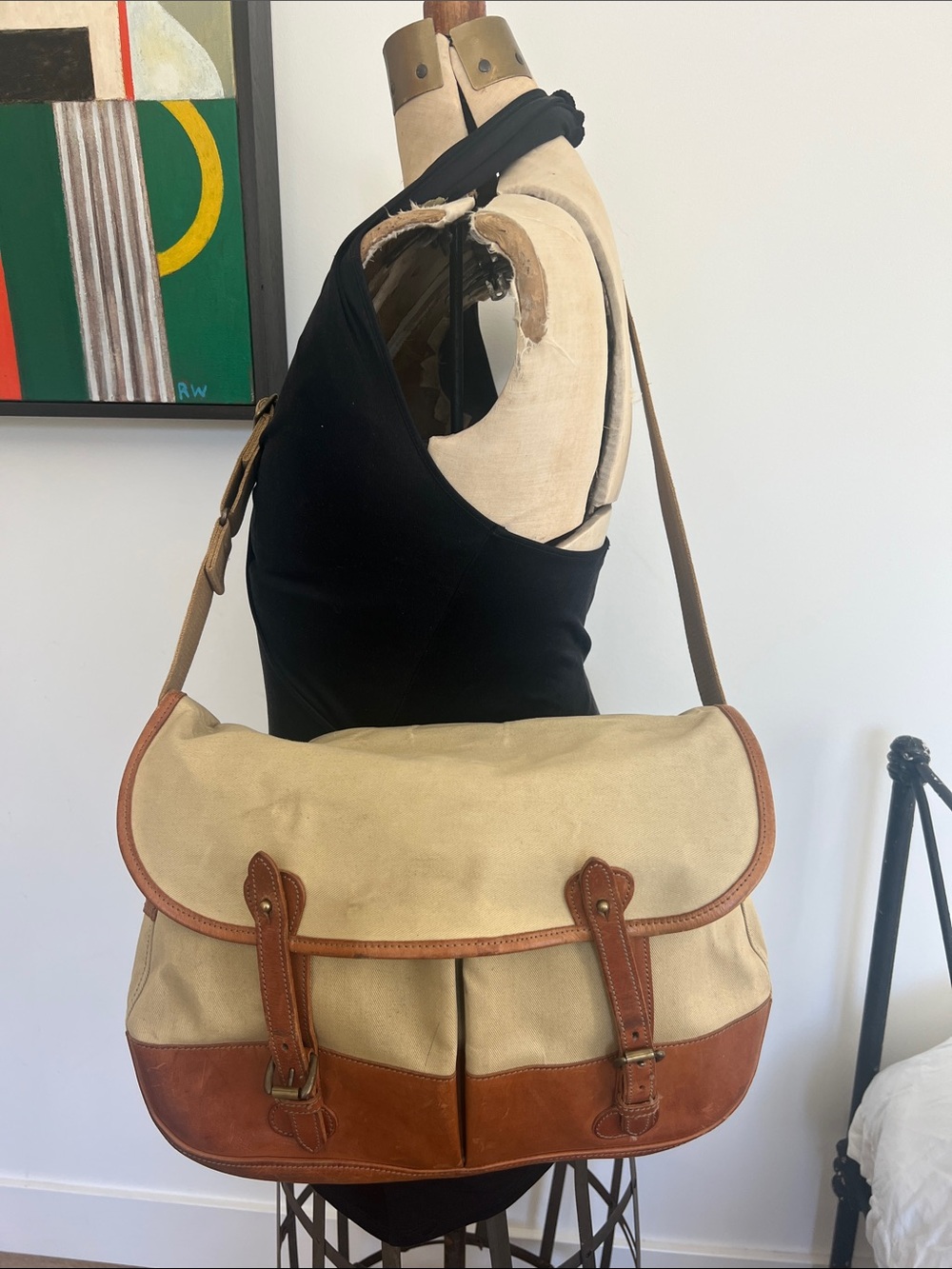 Vintage Canvas leather England Messenger Bag with Brown Leather Trim - Beige